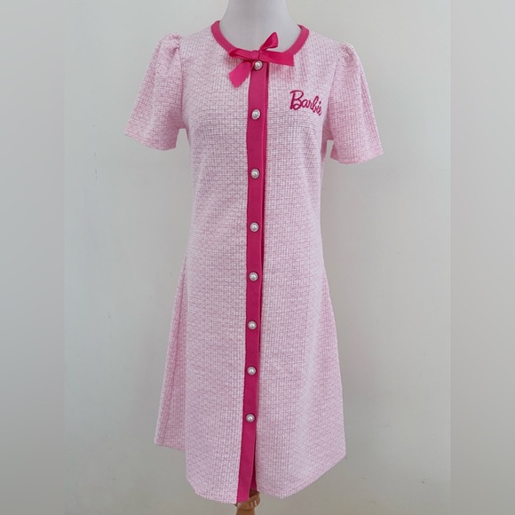 PATPAT-BARBIE || Pink Tweed Button Front Textured Dress with Bow. Sz. M - Picture 3 of 16